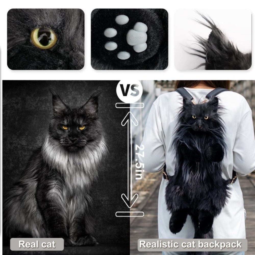 Cat Shaped Backpack - Handcrafted Stuffed Animals Bag, Black Cat Plush Bag new - Picture 3 of 9